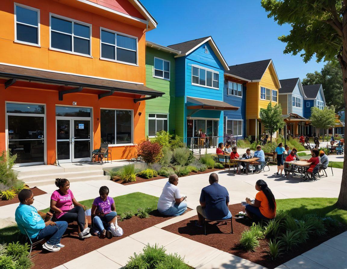 A welcoming community center with a diverse group of people engaging in resource-sharing activities, surrounded by greenery and affordable housing options. Include informational posters about housing support and smiling faces of all ages showcasing inclusivity. Bright, inviting colors to convey hope and opportunity. super-realistic. vibrant colors. community-oriented.