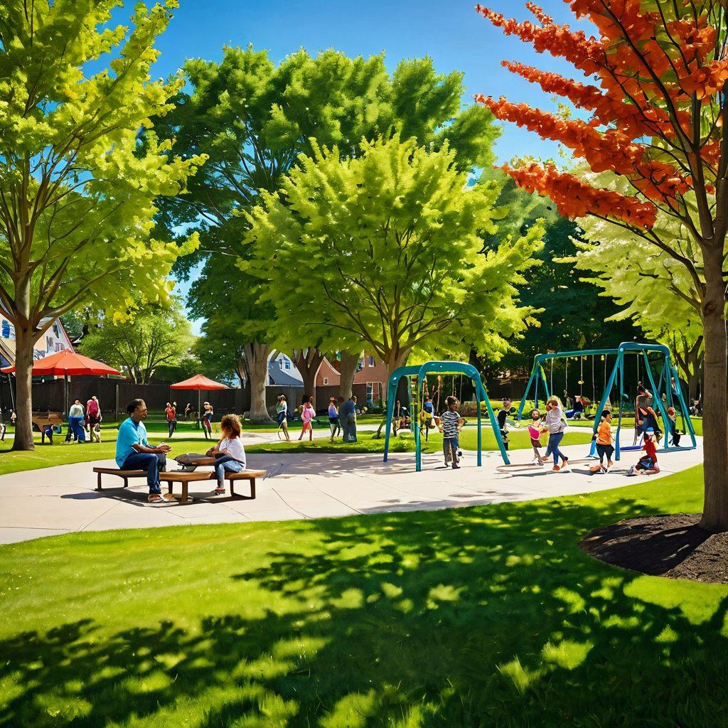 A warm, inviting neighborhood scene showcasing diverse families engaging together in a community park, children playing on a playground, and adults sharing laughter on benches, surrounded by blooming flowers and green trees. The atmosphere is vibrant and joyful, illustrating the essence of community living with a supportive environment. super-realistic. bright colors. sunny day.