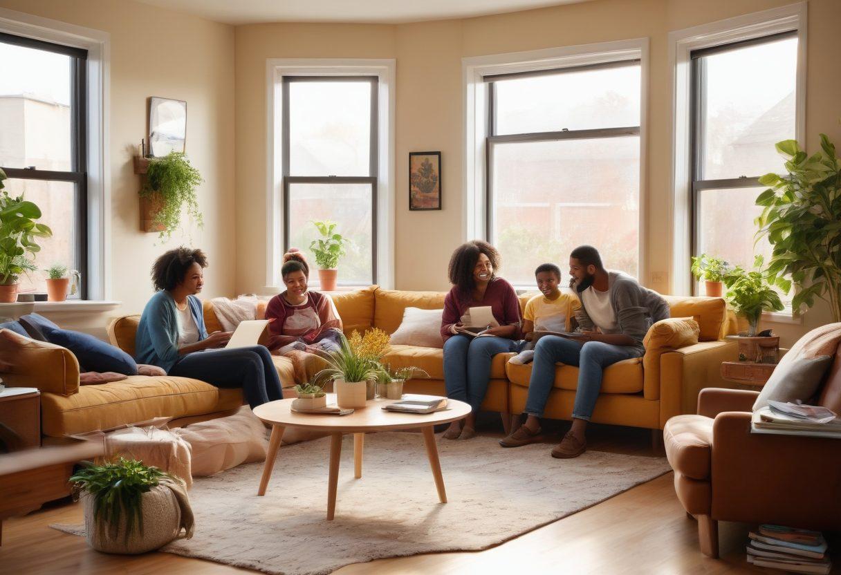 A warm and inviting home filled with diverse people smiling and enjoying their living spaces, surrounded by key elements of comfort like cozy furniture and plants, with bright sunlight streaming through windows. Include a visual representation of Section 8 housing assistance, such as a housing application form and a helping hand. The atmosphere should exude joy, warmth, and community support. super-realistic. vibrant colors. bright background.